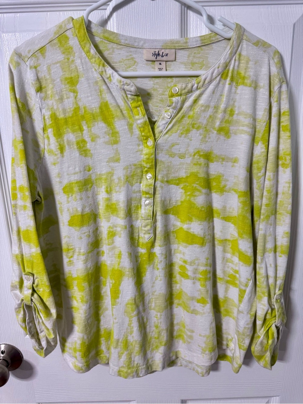 Style & Co. White and Lime Tie-Dye Henley Long Sleeve Top